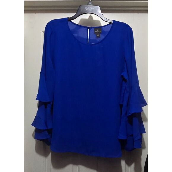 Womens Blue Top/Blouse with Flutter Sleeves Size Petite L - Picture 1 of 5